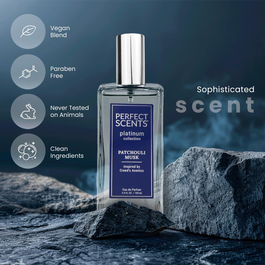Close-up of label on InStyle Fragrances Platinum Patchouli Musk bottle branding.