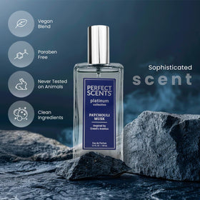 Close-up of label on InStyle Fragrances Platinum Patchouli Musk bottle branding.