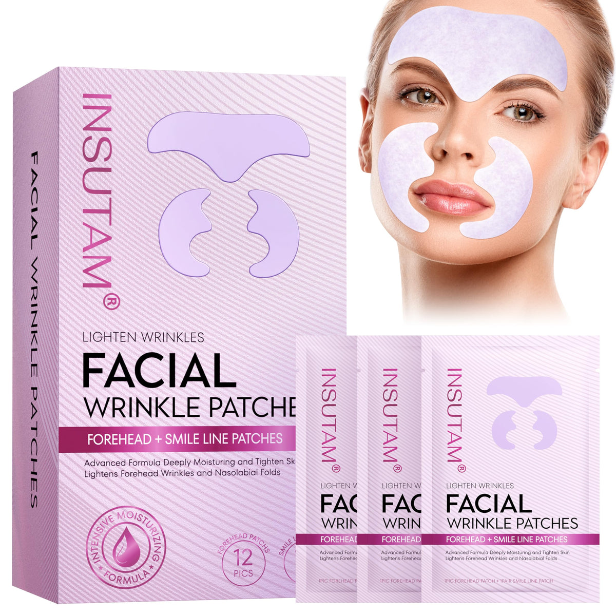 Insutam Forehead Wrinkle Patches close-up showing hydrogel hydration for smoother skin.