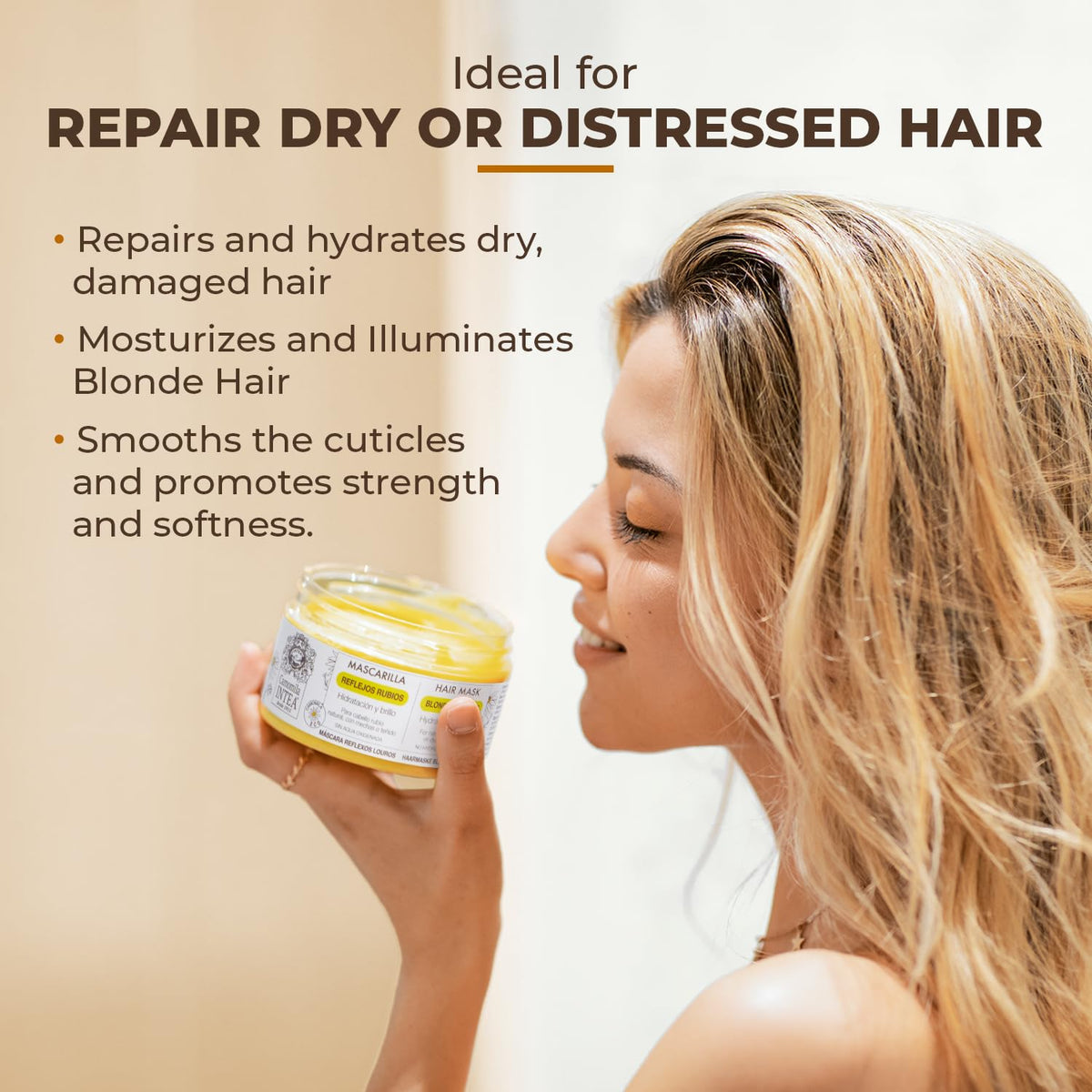 Intea Blonde Hair Mask being dispensed into hand for easy application.