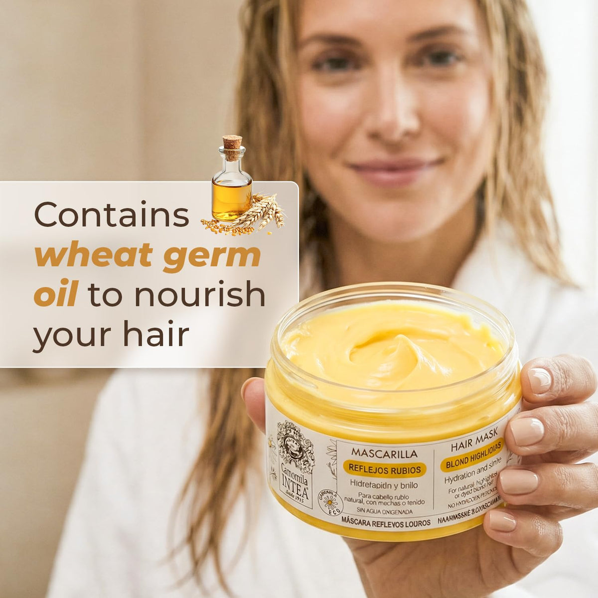 Wheat germ oil icon on the label signals nourished, hydrated hair.