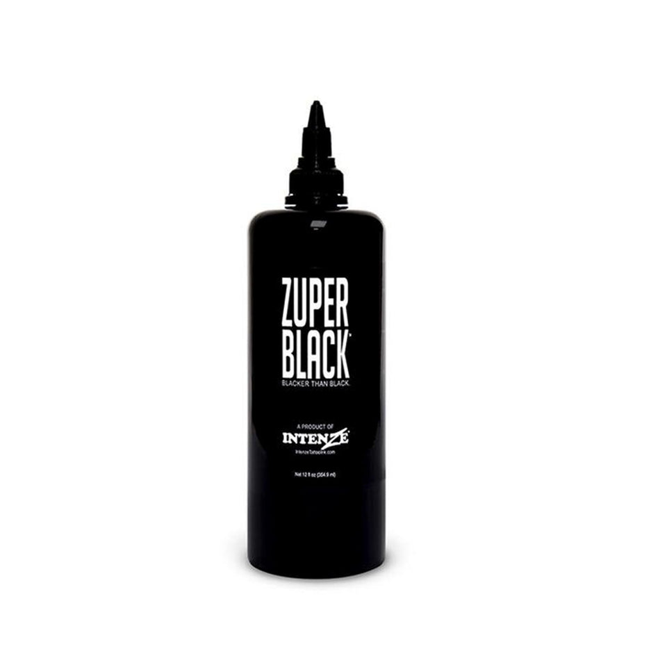 Intenze ZUPER Black tattoo ink bottle for deep, rich black lines.