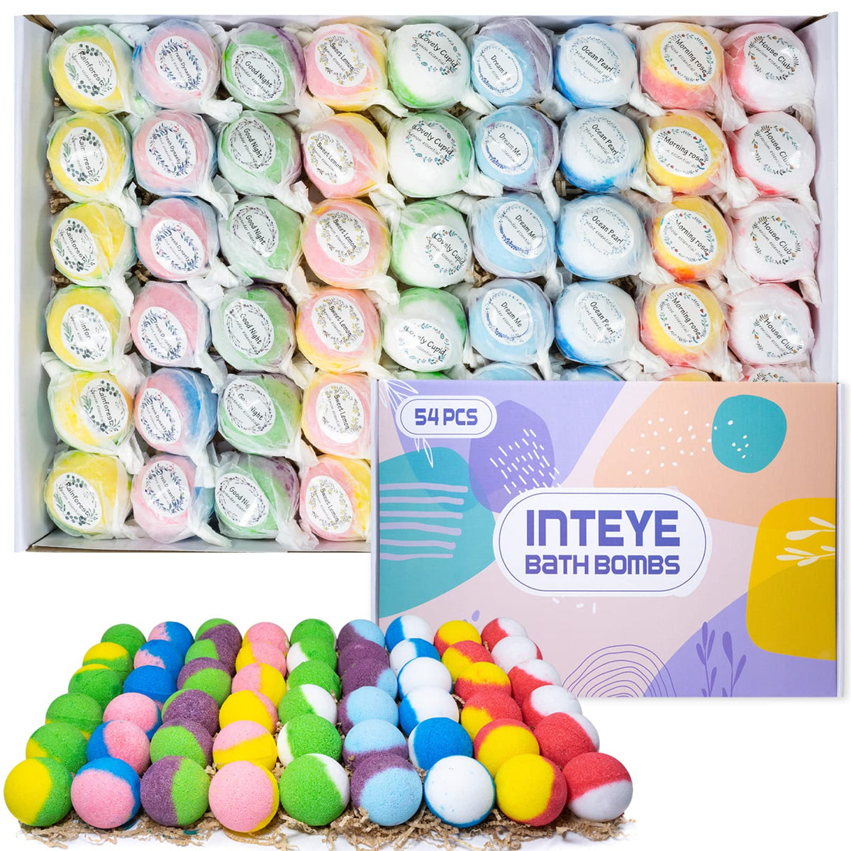 INTEYE Luxury Bath Bombs 54-pack gift-ready display for spa-at-home.