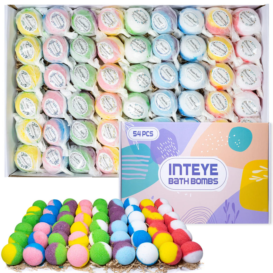 INTEYE Luxury Bath Bombs 54-pack gift-ready display for spa-at-home.