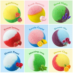 INTEYE bath bombs creating rainbow fizz and vibrant color swirls in tub.