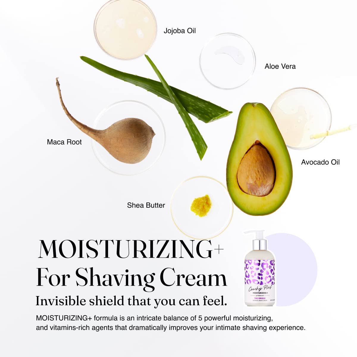 IntiMD Coochy Plus shaving cream texture demonstrates rich, moisturizing lather.