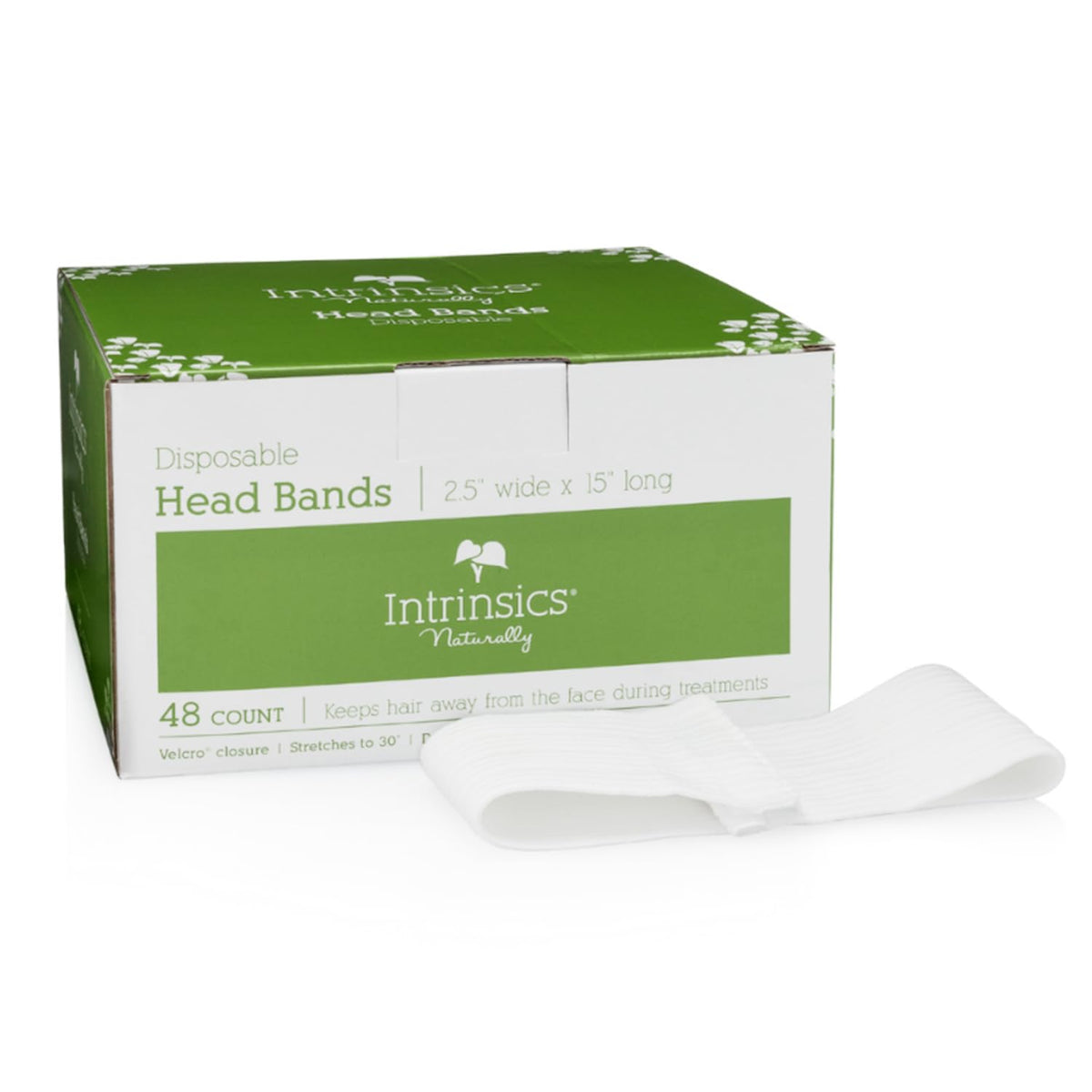 Intrinsics disposable spa headbands with Velcro closure offering secure, comfortable fit for facials.