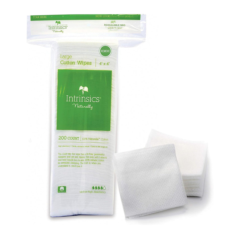 Intrinsics large 4x4 cotton squares pack for gentle cleansing and makeup removal on all skin types.