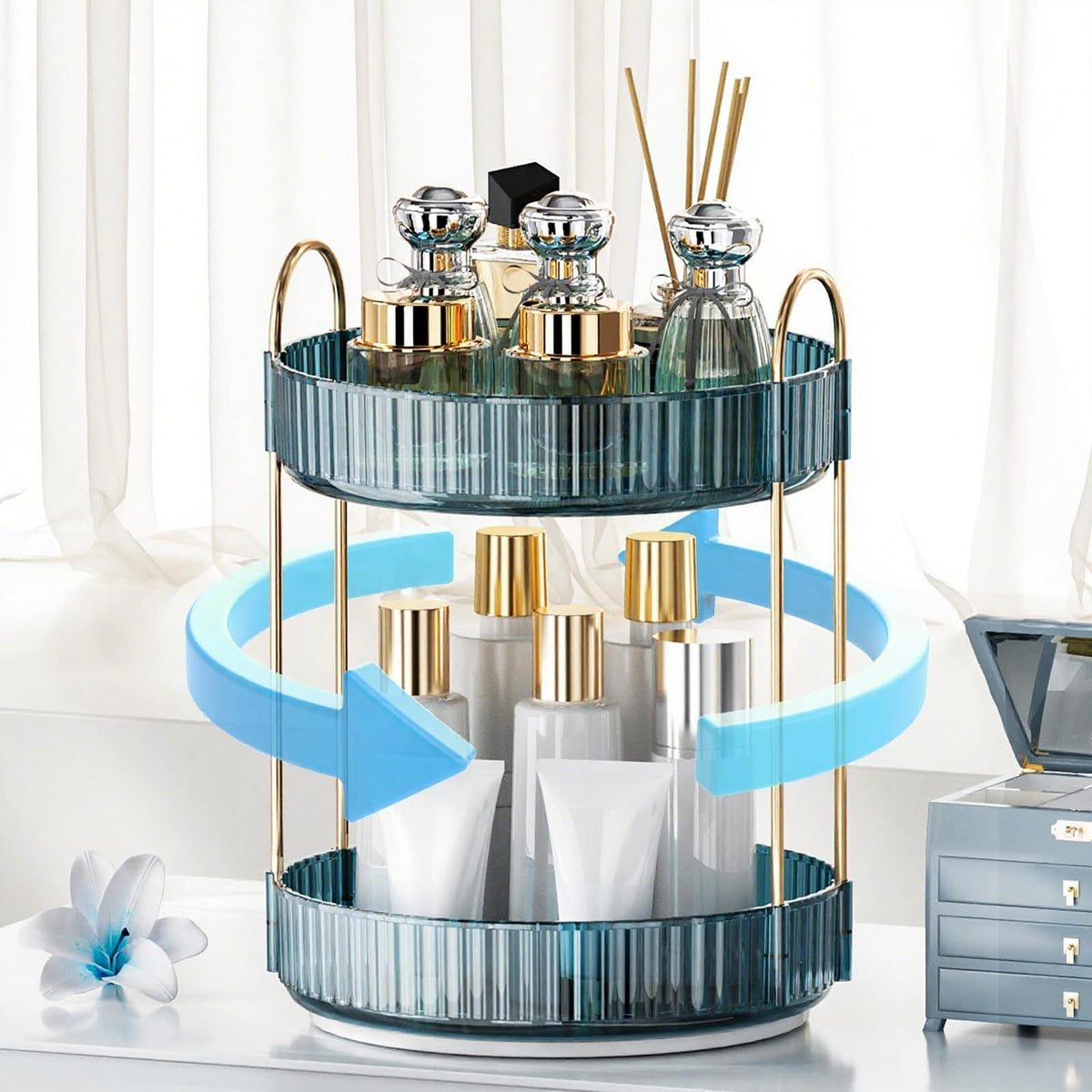 INVSSENE 360° rotating makeup organizer keeps cosmetics neatly accessible on a vanity.
