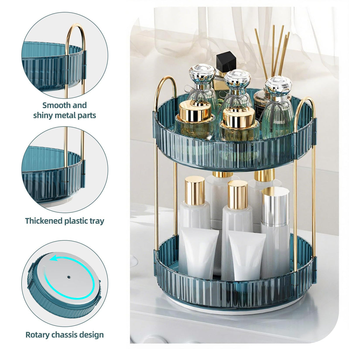 INVSSENE gold steel brackets and tray provide sturdy display for cosmetics.