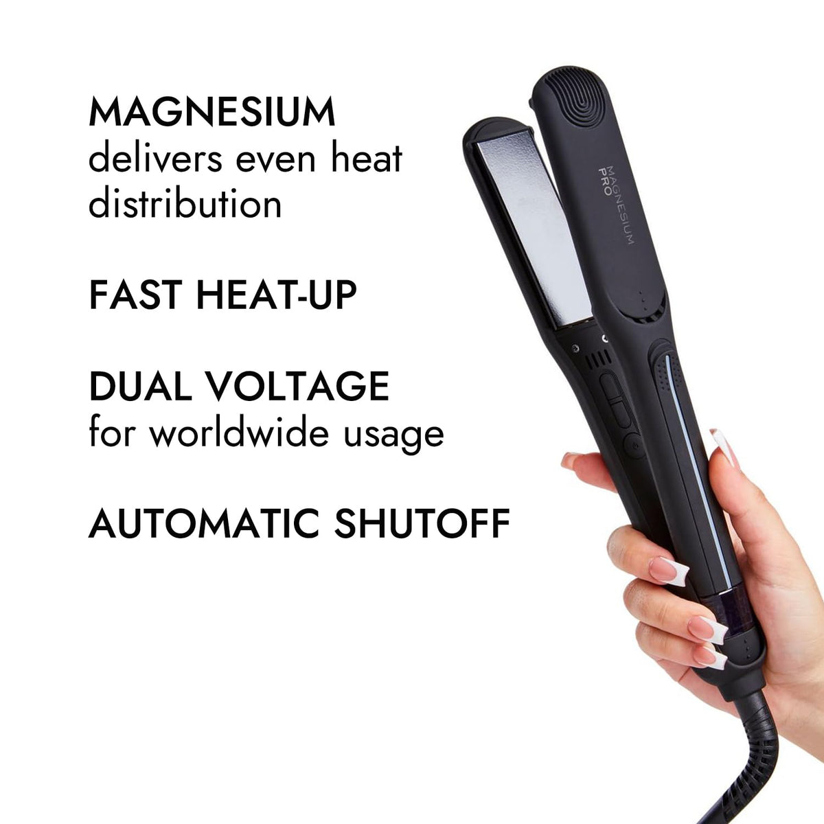 Ion Magnesium Flat Iron auto shut-off enhances safety after use.