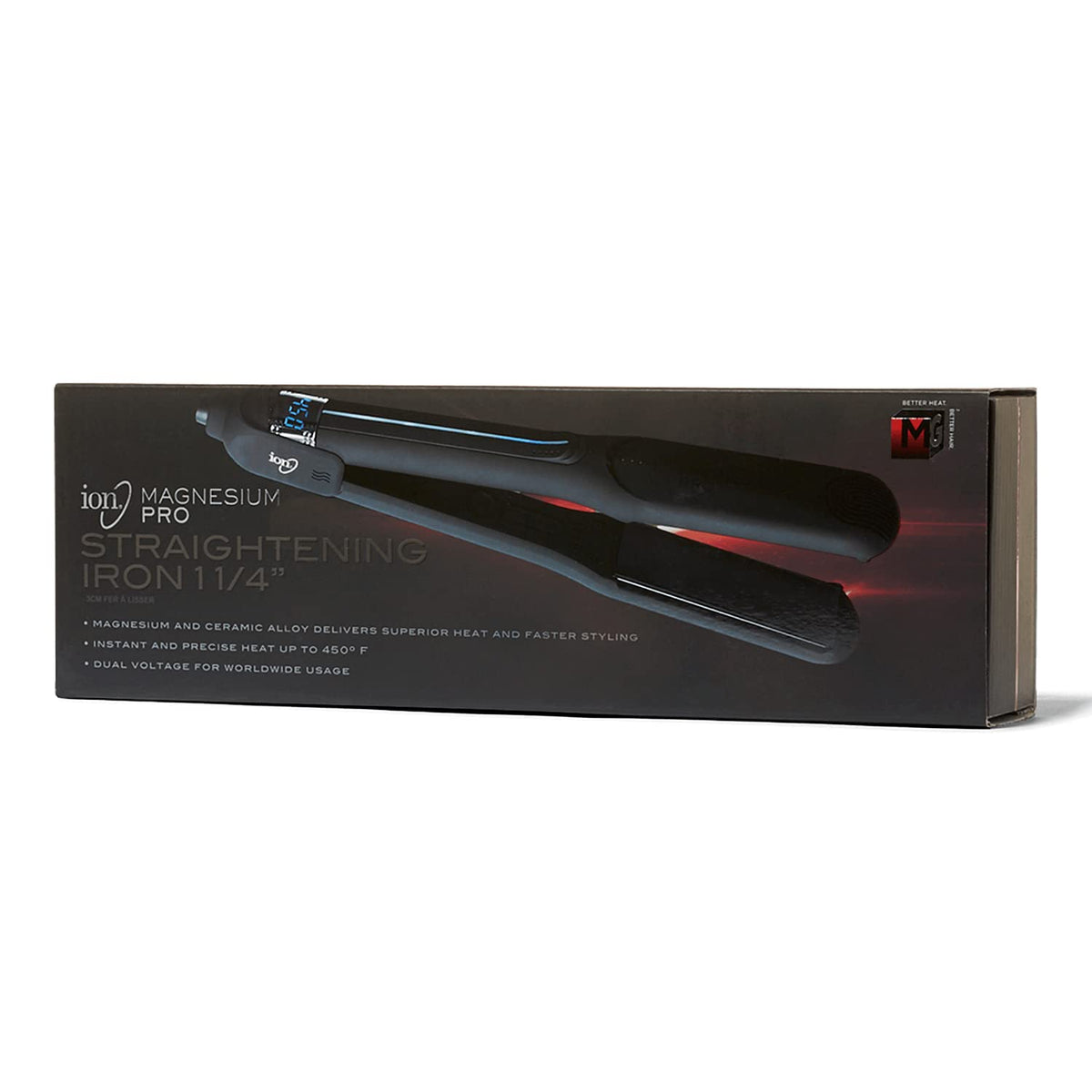 Ion Magnesium Flat Iron heat settings panel highlighting fast recovery for fewer passes.