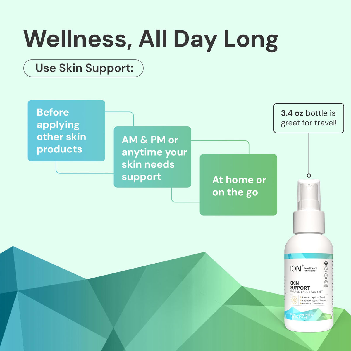 ION* Skin Support Face Mist bottle with spray cap suggests fast feel-good refresh.