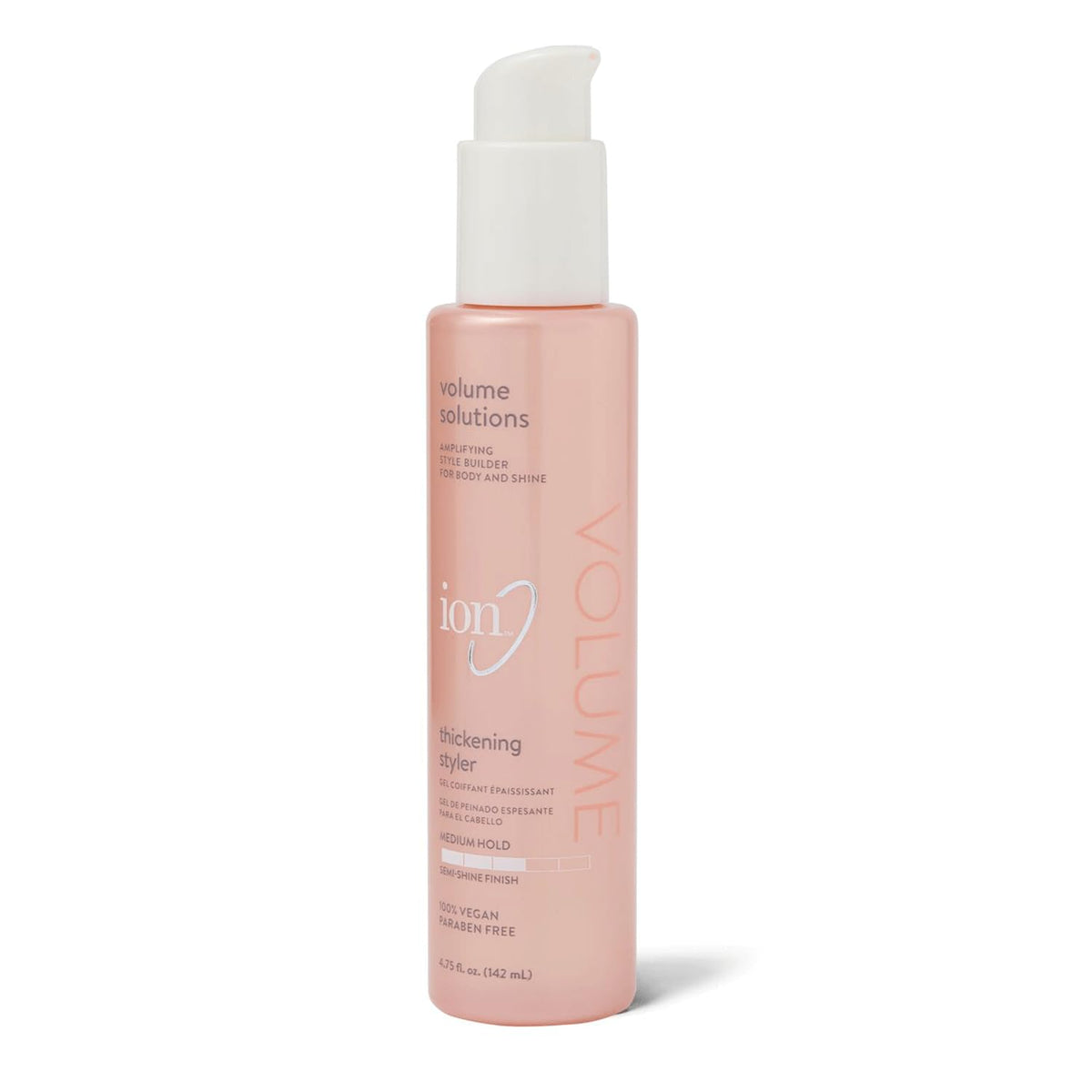 Ion Thickening Styler bottle closeup shows vegan formula for light hold and volume.