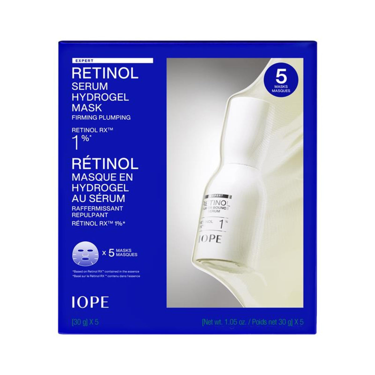 IOPE retinol serum deep collagen mask 5-plus-1 set package view, intensive hydration implied