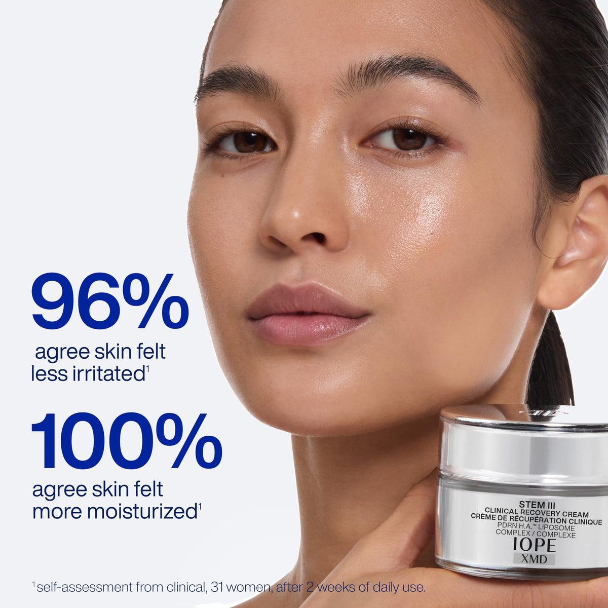 IOPE XMD Stem III Clinical Recovery Cream on face supports barrier resilience.