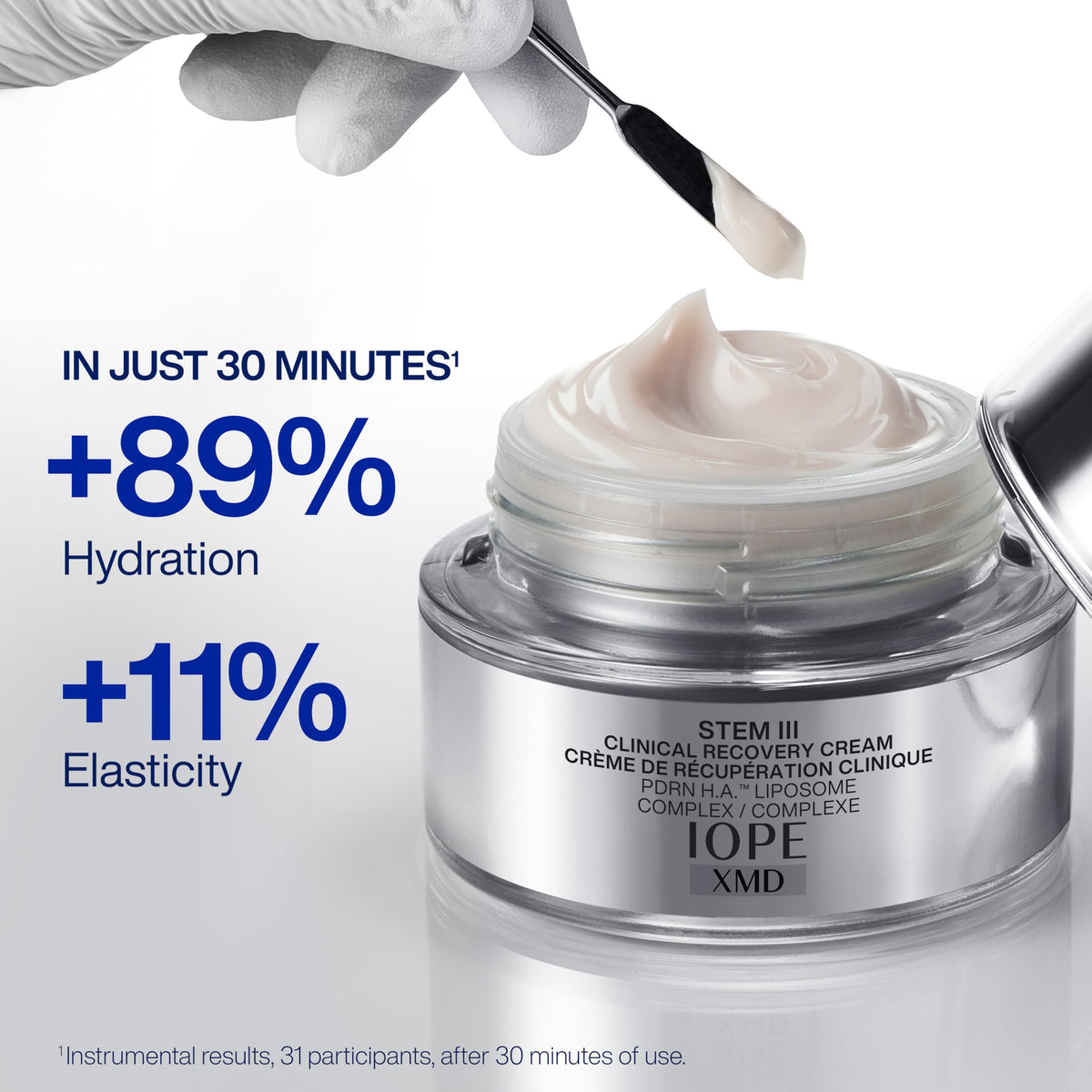 IOPE XMD Stem III cream on hand illustrating lightweight nourishment and quick absorption.