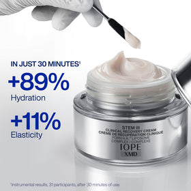 IOPE XMD Stem III cream on hand illustrating lightweight nourishment and quick absorption.