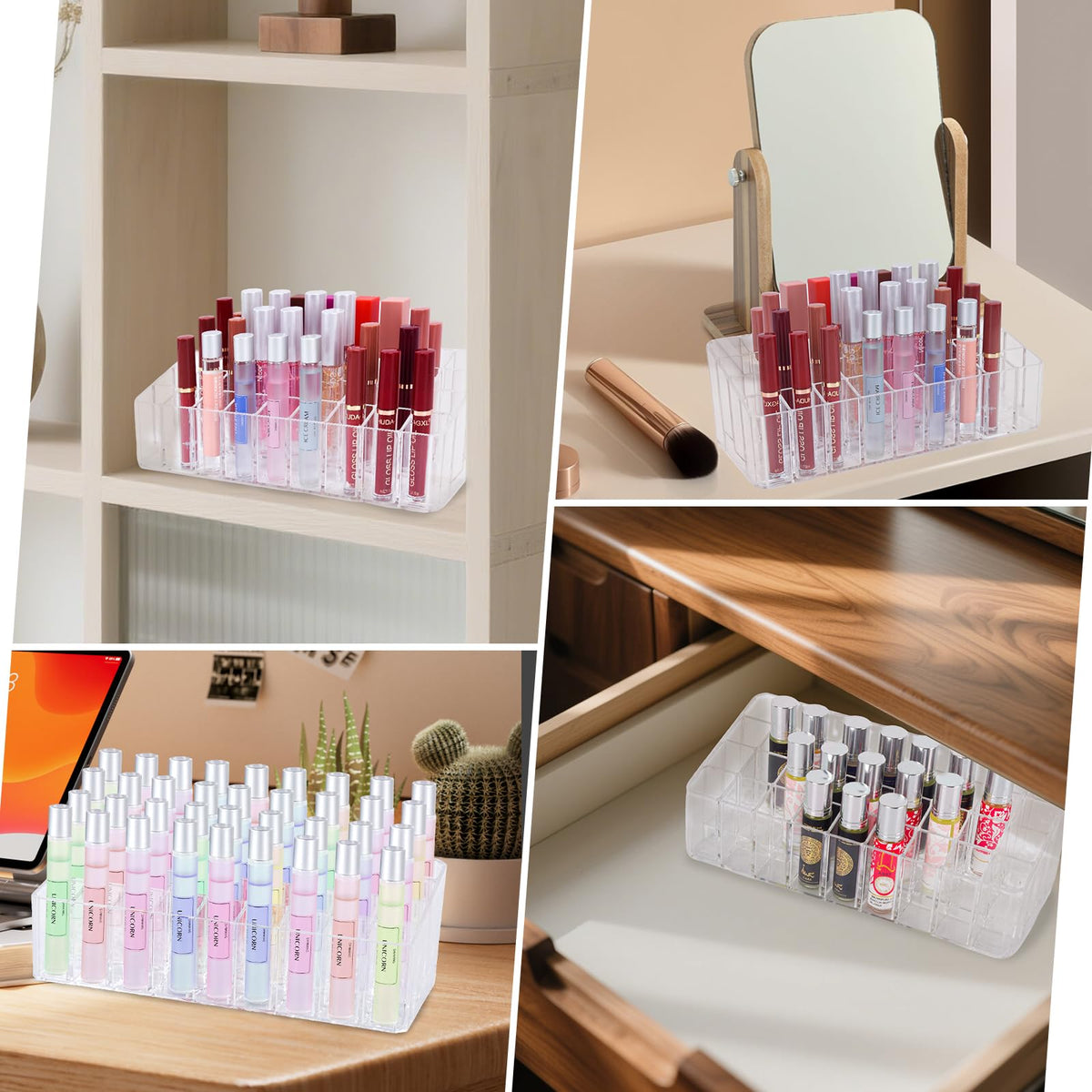 IPENP dresser vanity setup showcasing organized cosmetics in a transparent display