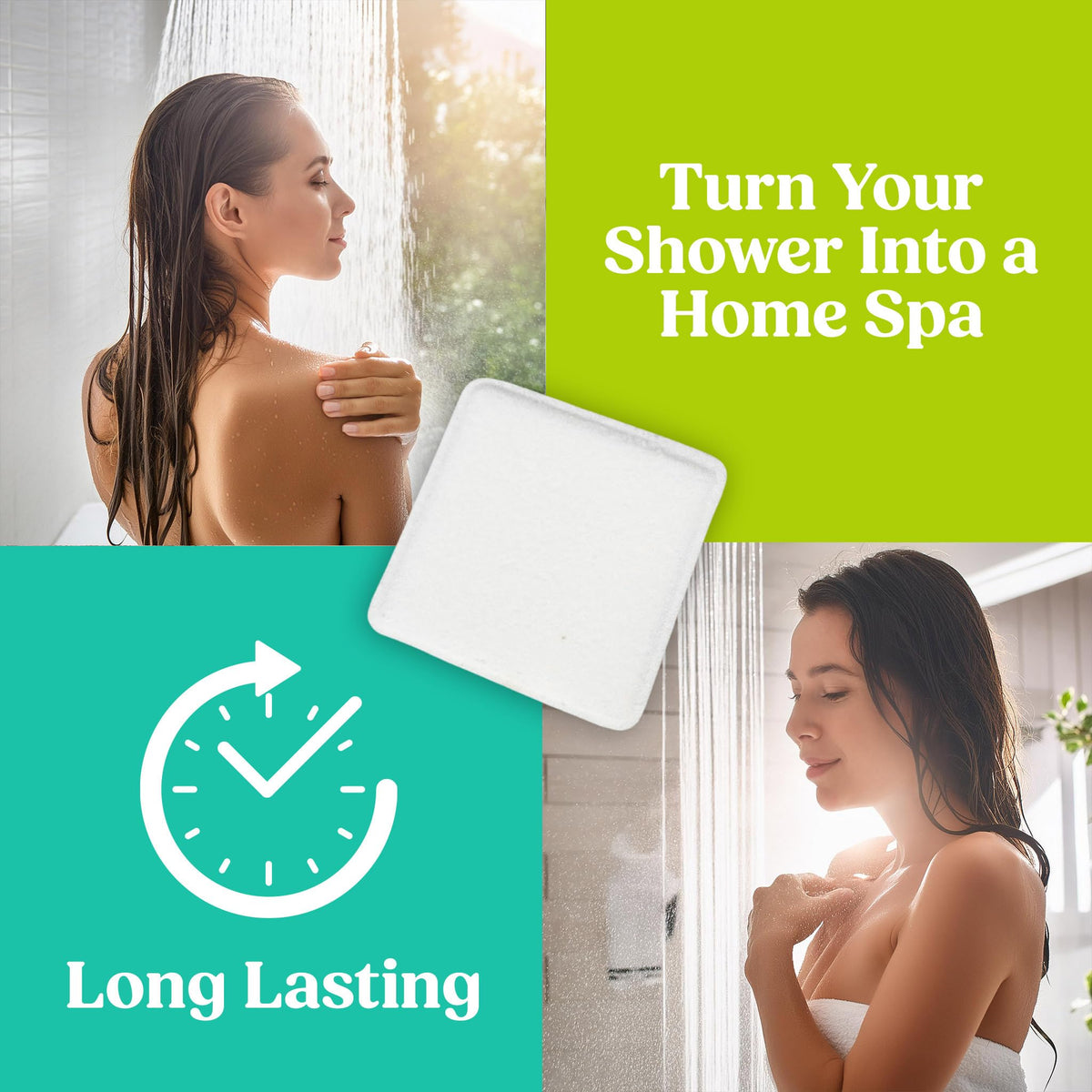 IQNATURAL eucalyptus shower steamer in a bright shower scene for a refreshing start