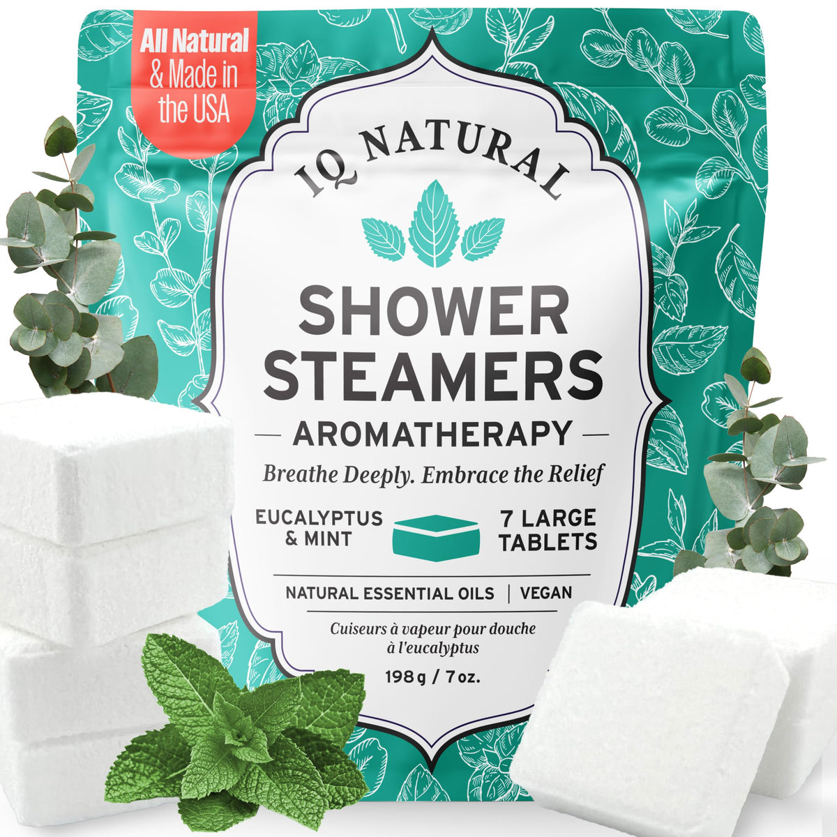 IQNATURAL Eucalyptus shower steamer on a tray for a spa-like morning routine