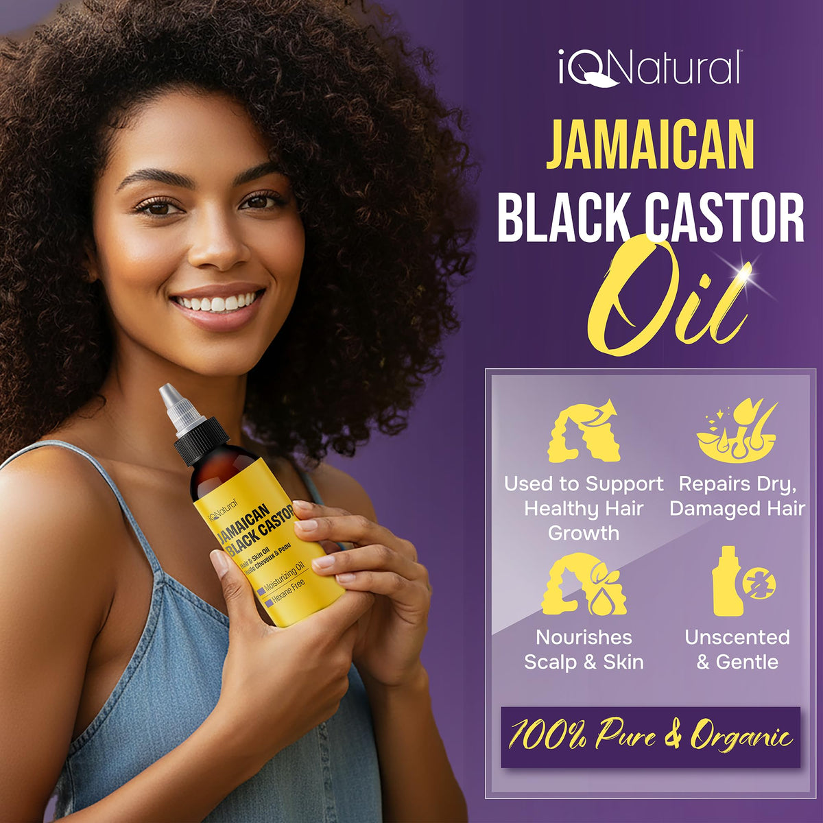 IQ Natural Jamaican Black Castor Oil bottle label close-up highlighting purity and unscented formula.