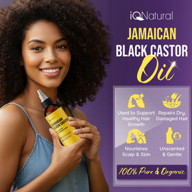 IQ Natural Jamaican Black Castor Oil bottle label close-up highlighting purity and unscented formula.