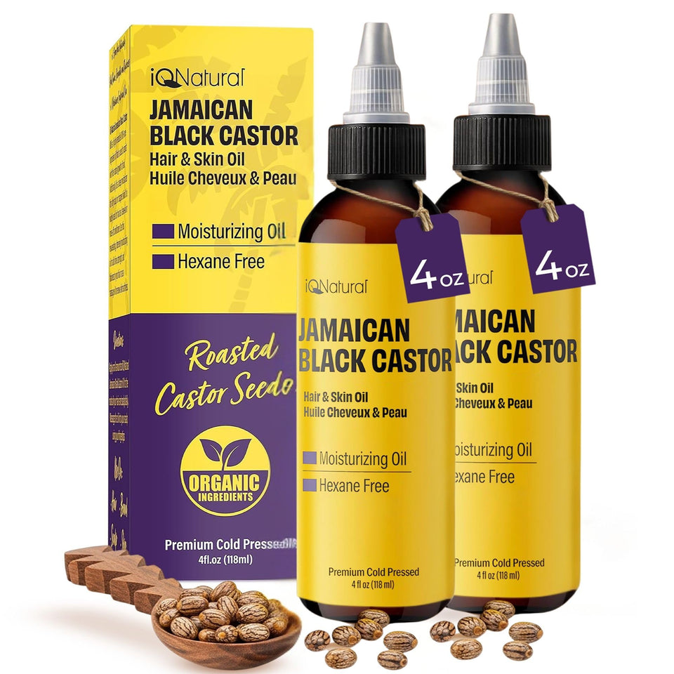 IQ Natural Jamaican Black Castor Oil bottle close-up for hair growth and skin conditioning.