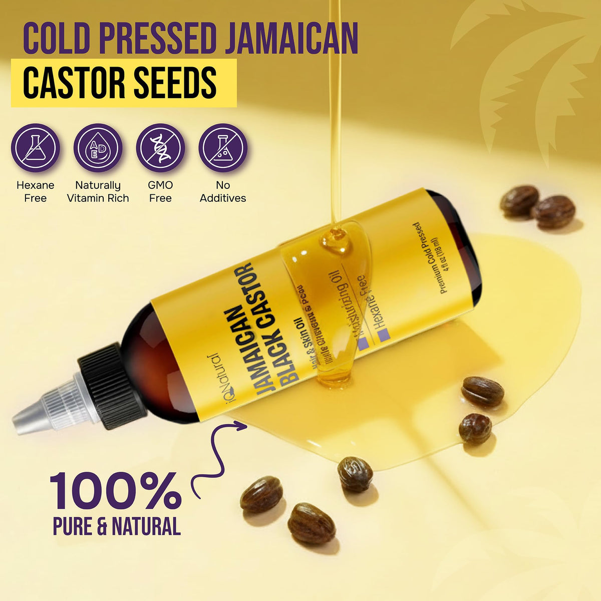 IQ Natural Jamaican Black Castor Oil pour on hands showing easy scalp application.