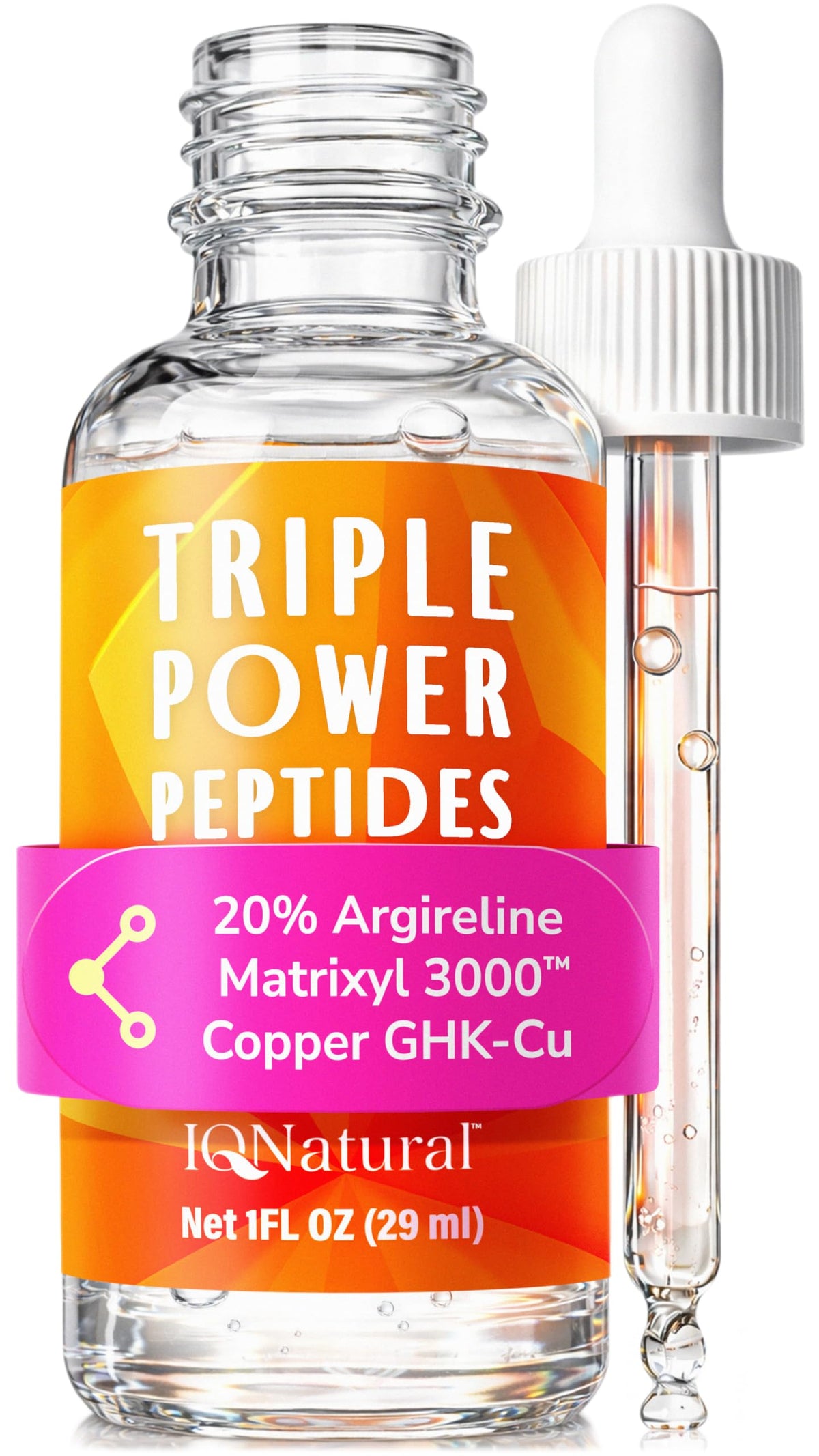 IQNATURAL Triple Power Peptides serum bottle highlights multi-peptide formula for firming