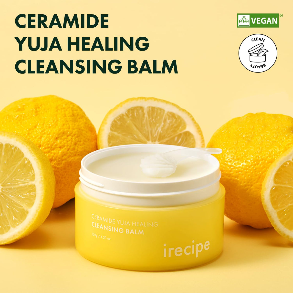 IRECIPE Ceramide Yuja Cleansing Balm jar close-up highlights creamy melting texture for gentle makeup removal
