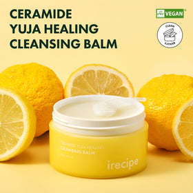IRECIPE Ceramide Yuja Cleansing Balm jar close-up highlights creamy melting texture for gentle makeup removal