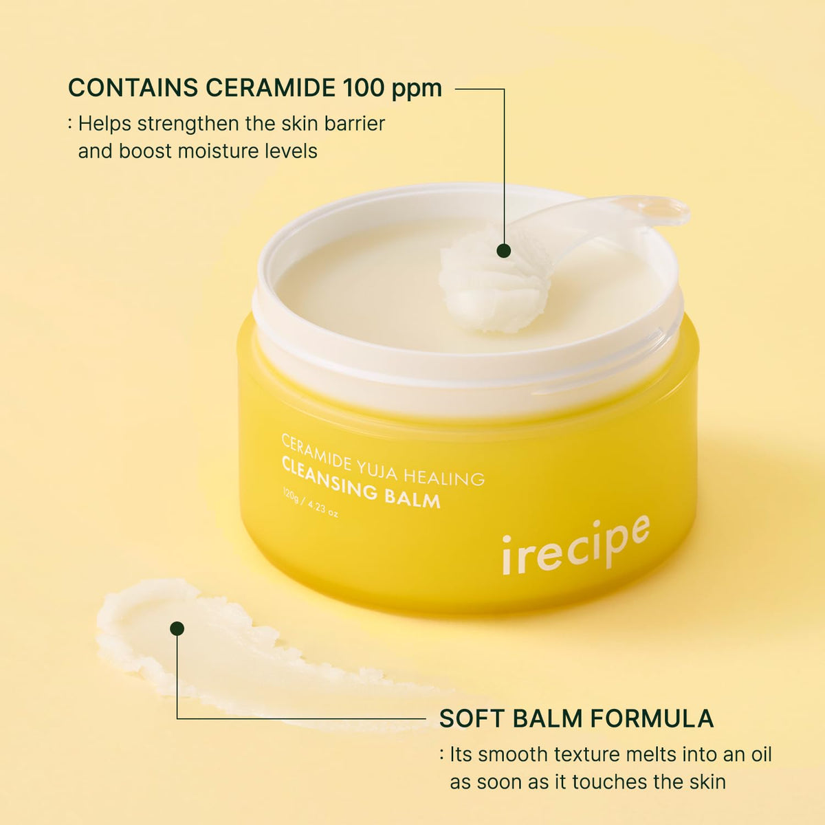 Melting sherbet texture of IRECIPE Yuja balm breaking down makeup on skin