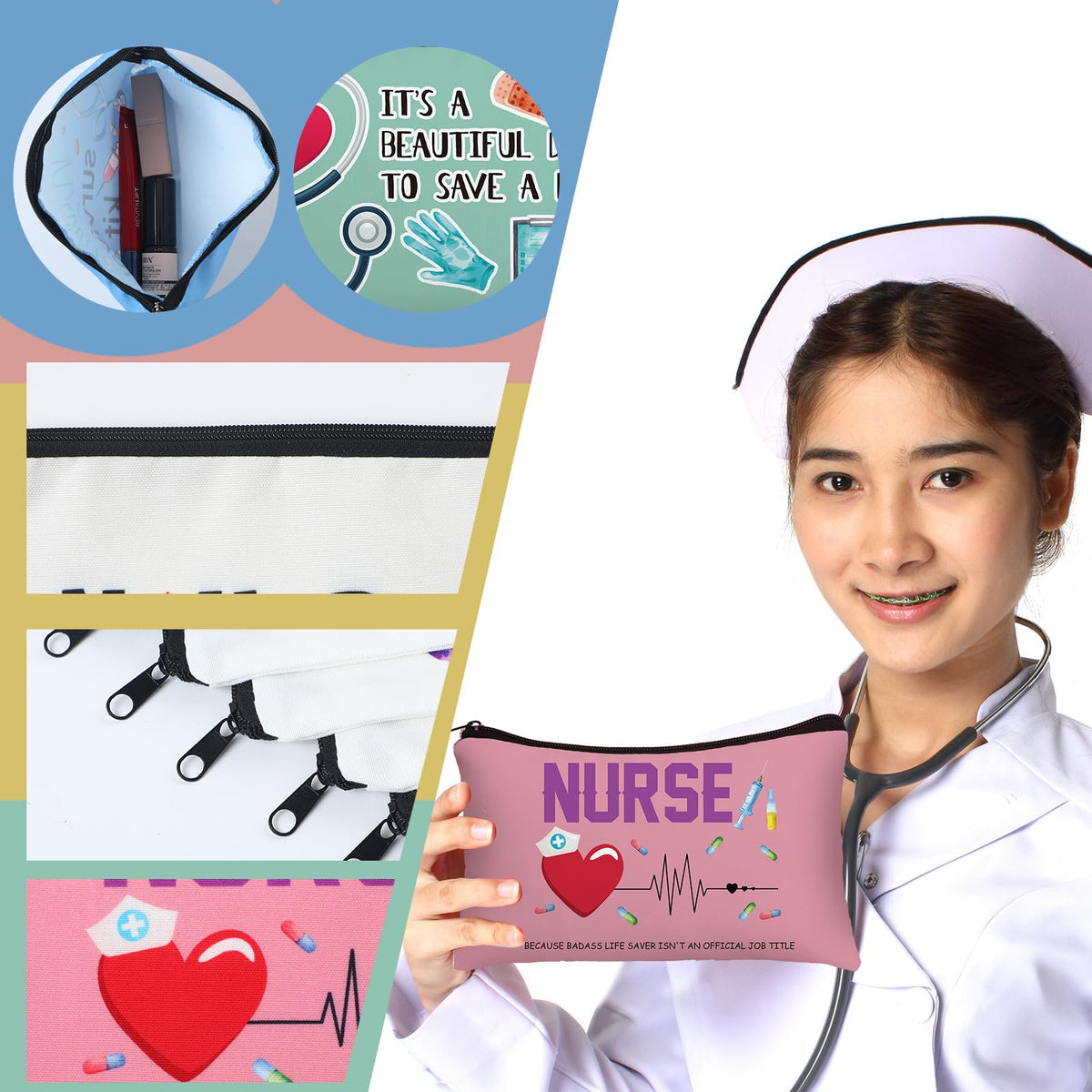 Irenare nurse survival kit canvas pouch side view for organized cosmetics on trips