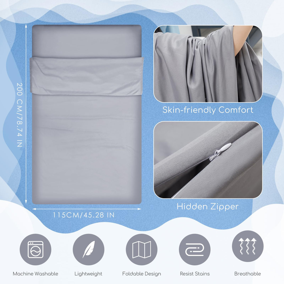 Irenare Self Tan Sleep Sack silver gray fabric full view showing material quality