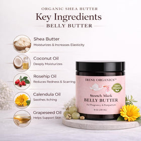 Irene Organics Belly Butter being applied with gentle massage on the belly.