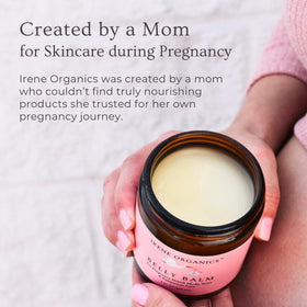 Irene Organics Belly Butter in-use during pregnancy care routine.