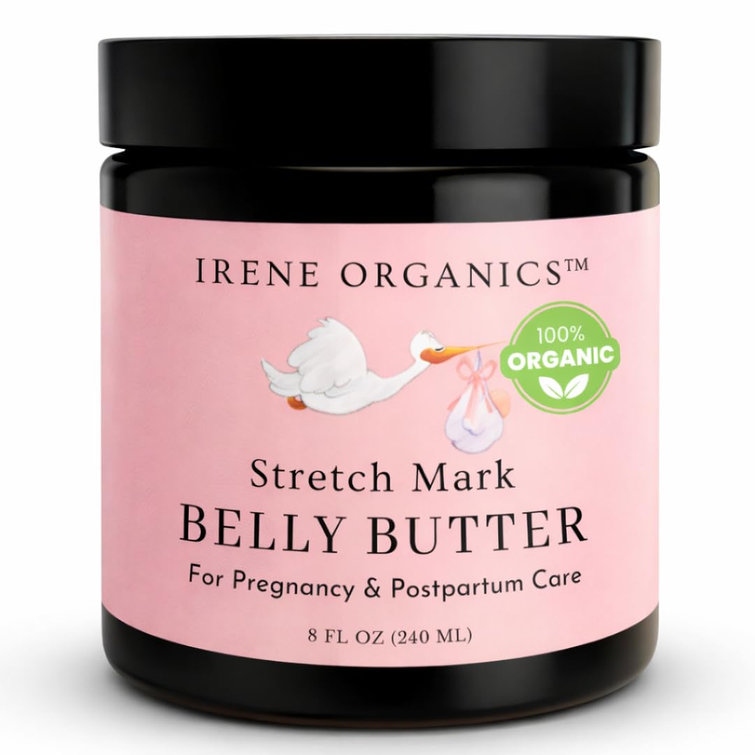 Irene Organics Belly Butter jar close-up showing smooth texture for stretch mark prevention.