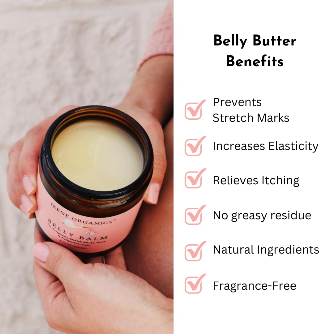 Irene Organics Belly Butter packaging highlighting fragrance-free formula for sensitive skin.