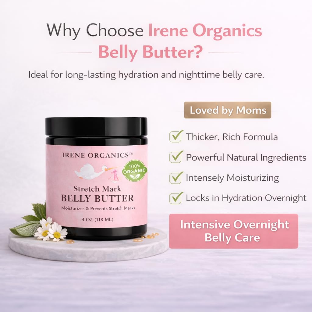 Irene Organics Belly Butter swirled on skin, hydrating and soothing.