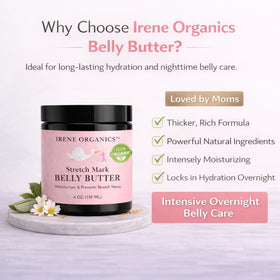 Irene Organics Belly Butter swirled on skin, hydrating and soothing.