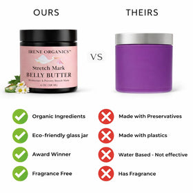Irene Organics Belly Butter jar with wooden scoop for daily use.