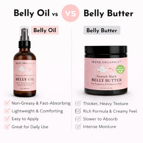 Irene Organics belly oil application rub shows lightweight, fast-absorbing texture