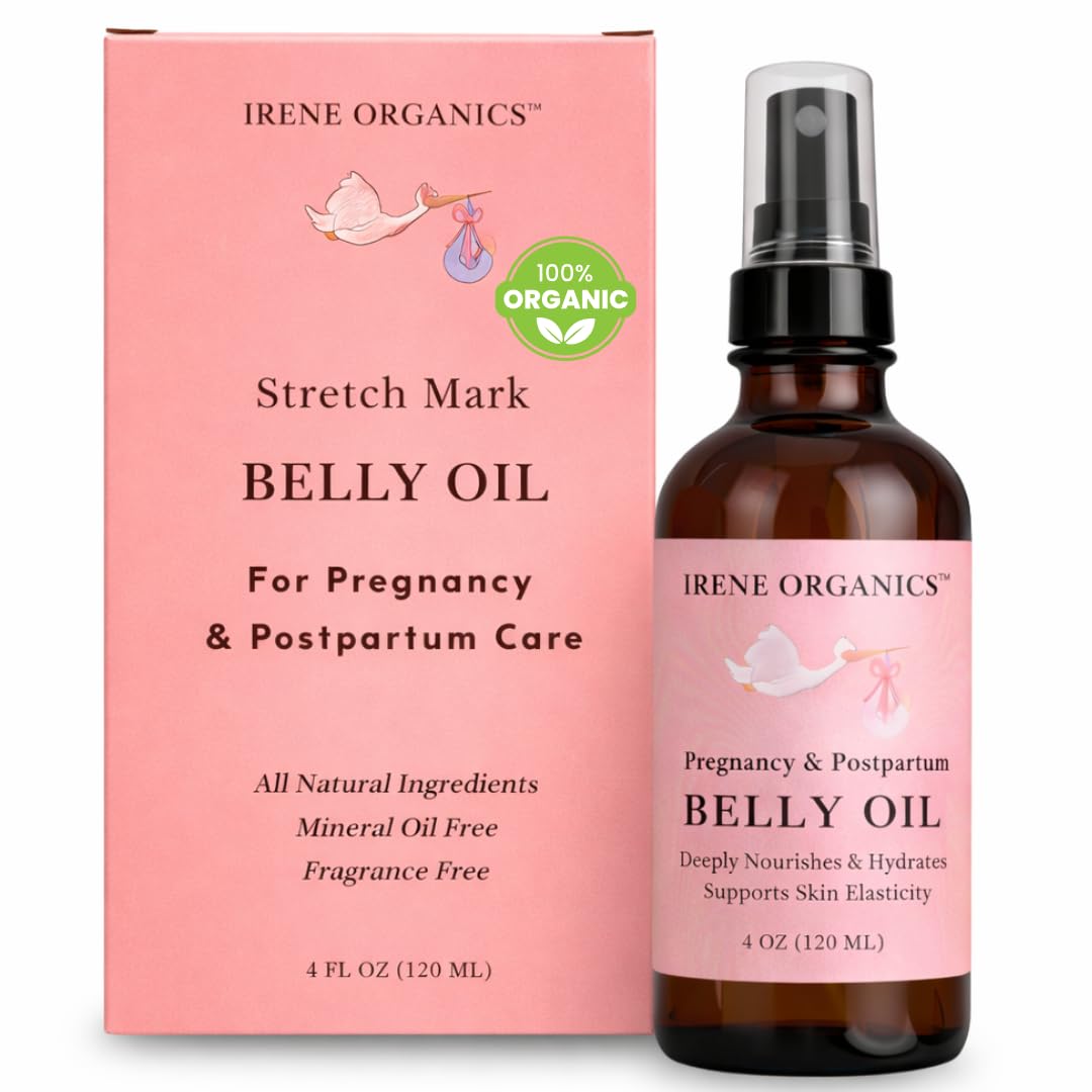 Irene Organics belly oil bottle closeup with unscented organic formula for pregnancy comfort