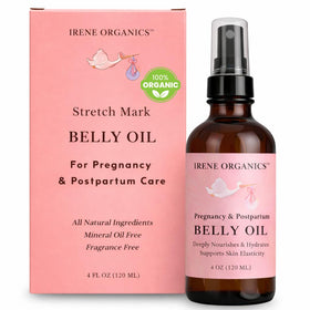 Irene Organics belly oil bottle closeup with unscented organic formula for pregnancy comfort