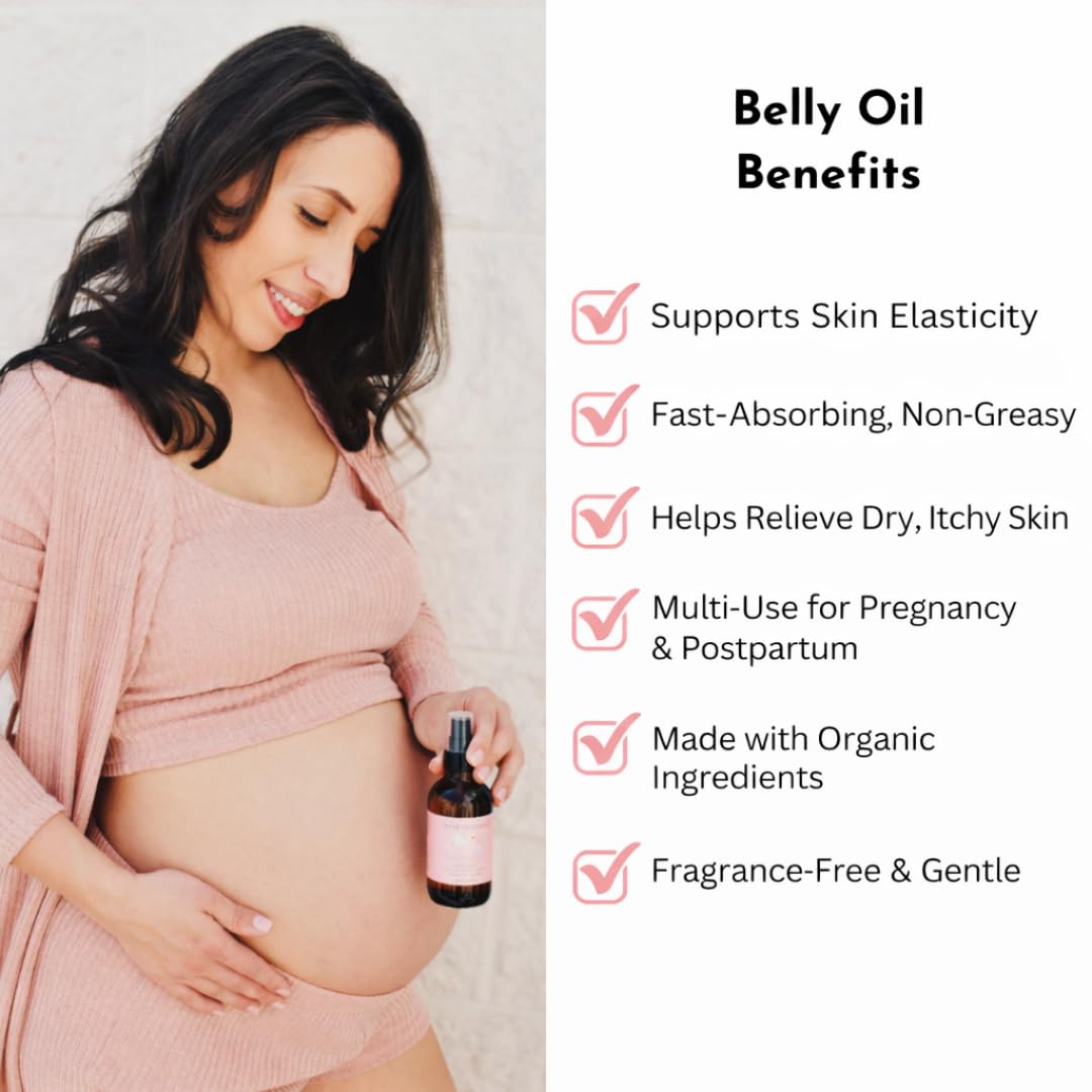 Irene Organics belly oil packaging highlights glass bottle and unscented formula