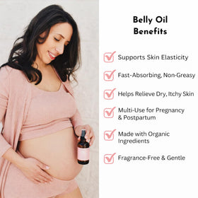 Irene Organics belly oil packaging highlights glass bottle and unscented formula