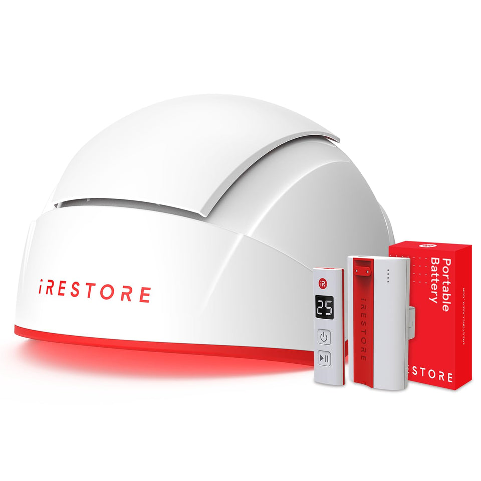iRestore Pro full cap wear demonstrates comprehensive scalp coverage for convenient hair growth sessions.