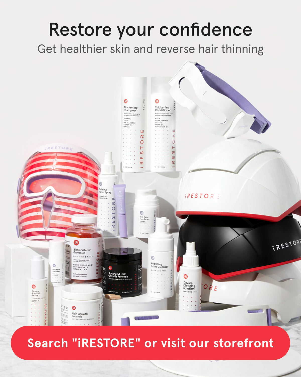 iRestore Pro routine integration with shampoo and conditioner in a bathroom.