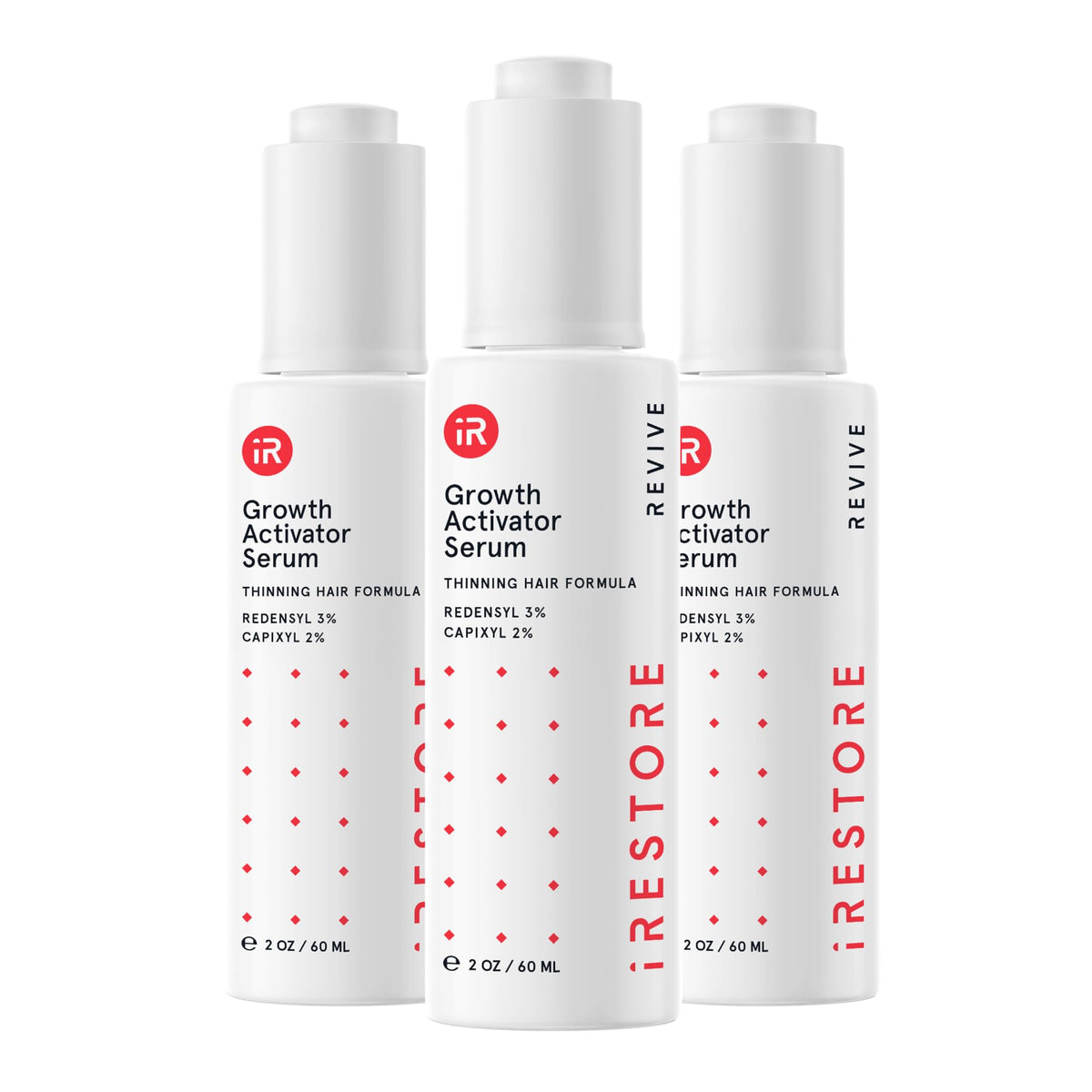 iRestore Scalp Serum bottle front view showing sleek packaging for potential hair growth.
